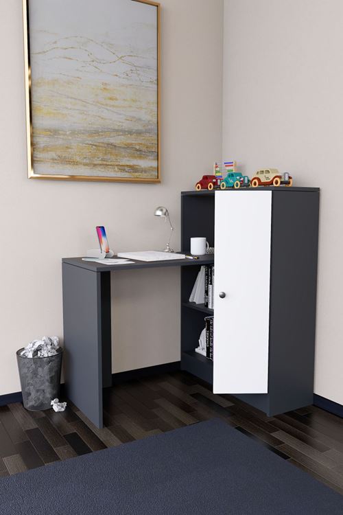 Drithe Modern Dolaplı Kitaplıklı Çalışma Masası Antrasit-Beyaz