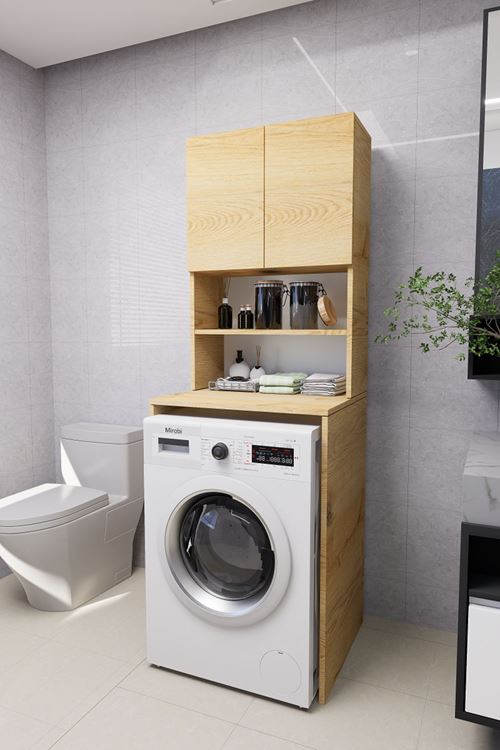 Verani Çamaşır Makinesi Dolabı Banyo Kiler Çift Kapaklı Arkalıklı Dolap Çam 180x65x30