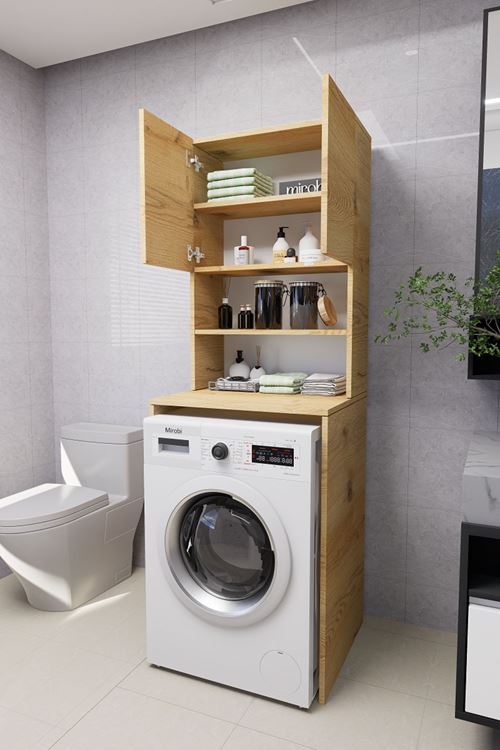 Verani Çamaşır Makinesi Dolabı Banyo Kiler Çift Kapaklı Arkalıklı Dolap Çam 180x65x30