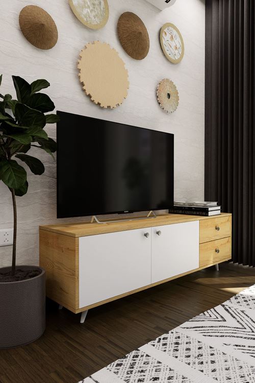 Leder Modern Dekoratif TV Ünitesi Televizyon Sehpası Atlantik Çam 160 cm