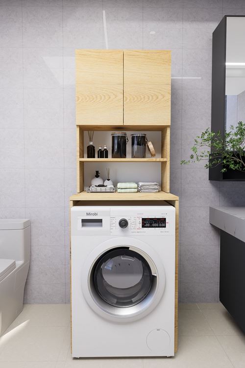Verani Çamaşır Makinesi Dolabı Banyo Kiler Çift Kapaklı Arkalıklı Dolap Çam 180x65x30