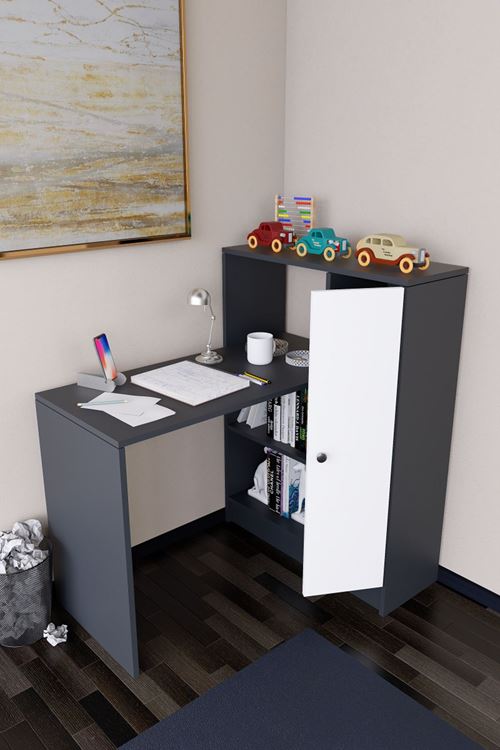Drithe Modern Dolaplı Kitaplıklı Çalışma Masası Antrasit-Beyaz