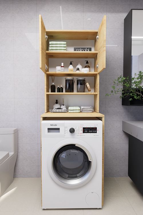 Verani Çamaşır Makinesi Dolabı Banyo Kiler Çift Kapaklı Arkalıklı Dolap Çam 180x65x30