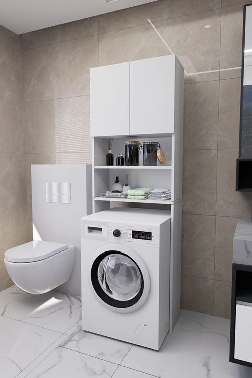 Luka Çamaşır Makinesi Üstü Çok Amaçlı Banyo Dolabı Kapaklı ve Raflı, Depolama Alanı, Beyaz