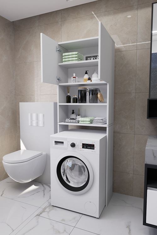 Luka Çamaşır Makinesi Üstü Çok Amaçlı Banyo Dolabı Kapaklı ve Raflı, Depolama Alanı, Beyaz