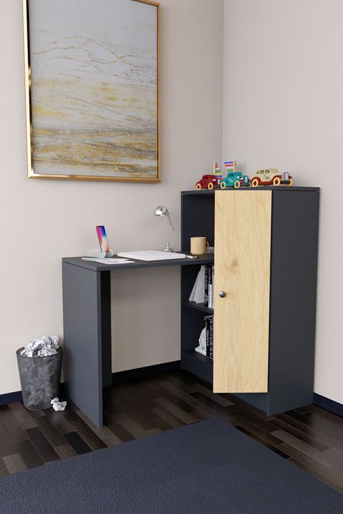 Drithe Modern Dolaplı Kitaplıklı Çalışma Masası Antrasit-Çam