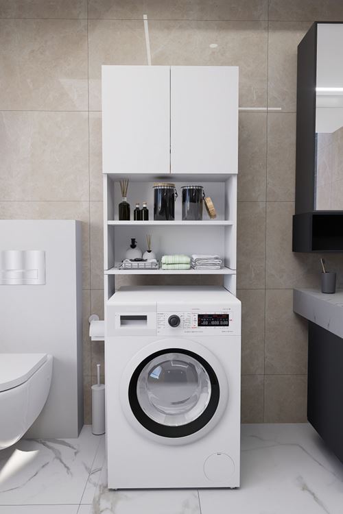 Luka Çamaşır Makinesi Üstü Çok Amaçlı Banyo Dolabı Kapaklı ve Raflı, Depolama Alanı, Beyaz