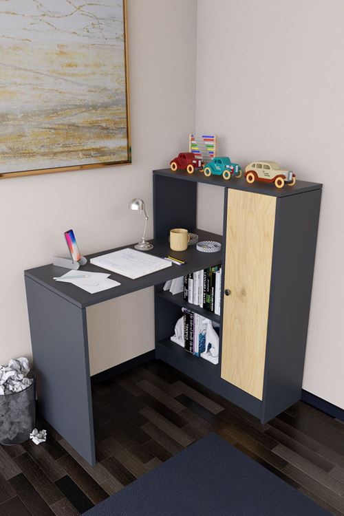 Drithe Modern Dolaplı Kitaplıklı Çalışma Masası Antrasit-Çam