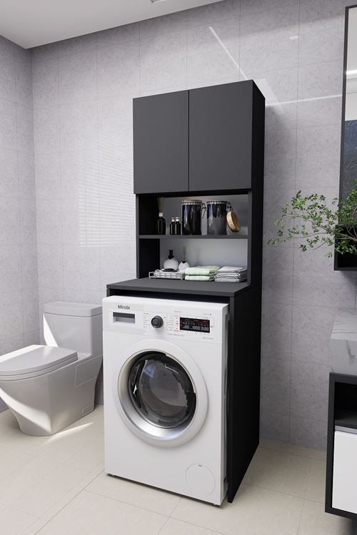 Verani Çamaşır Makinesi Dolabı Banyo Kiler Çift Kapaklı Arkalıklı Dolap Antrasit 180x65x30