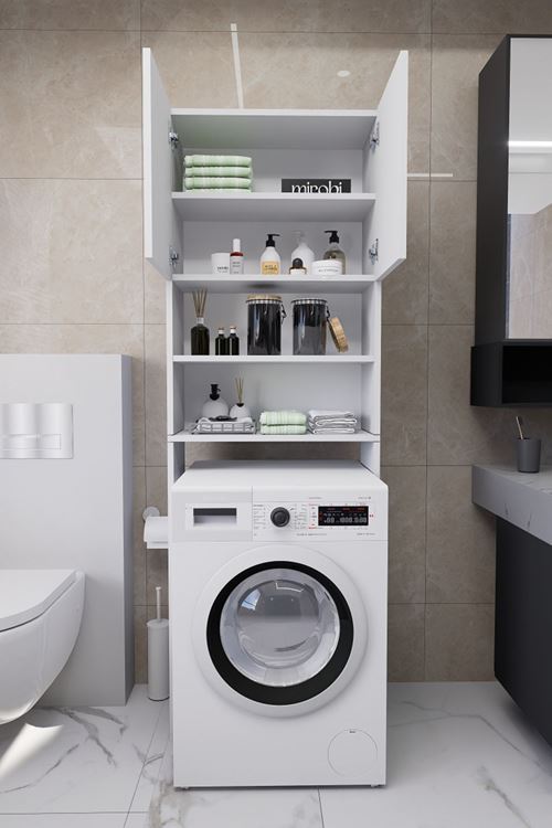 Luka Çamaşır Makinesi Üstü Çok Amaçlı Banyo Dolabı Kapaklı ve Raflı, Depolama Alanı, Beyaz