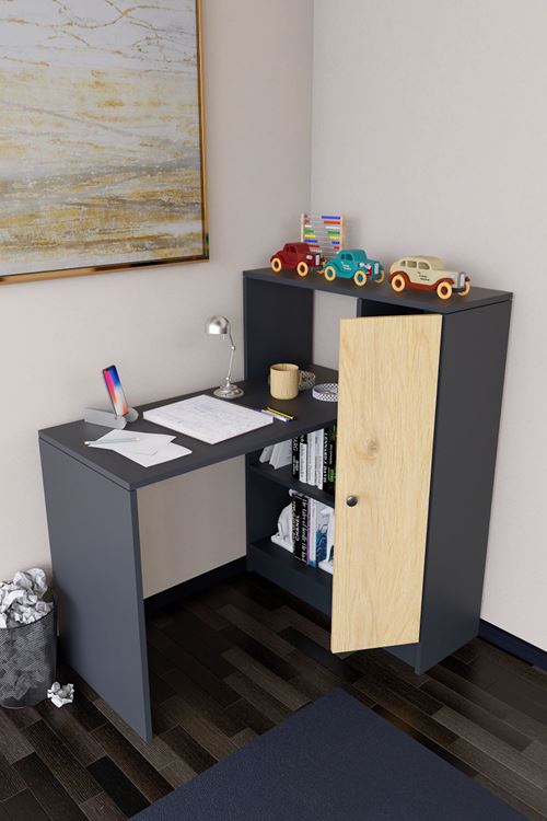 Drithe Modern Dolaplı Kitaplıklı Çalışma Masası Antrasit-Çam