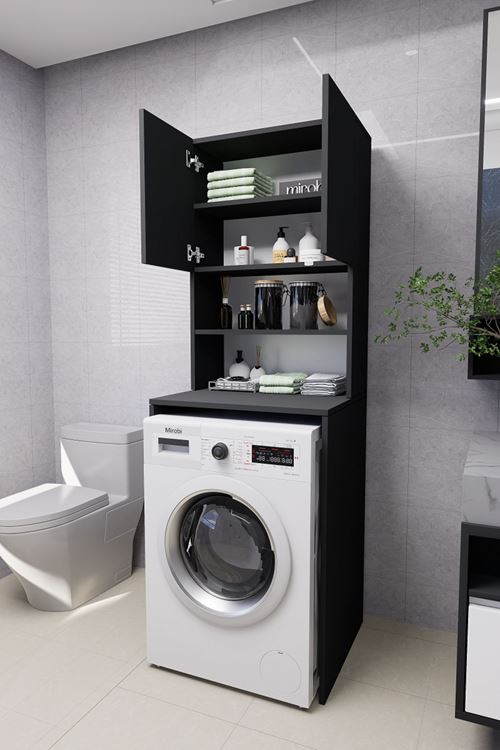 Verani Çamaşır Makinesi Dolabı Banyo Kiler Çift Kapaklı Arkalıklı Dolap Antrasit 180x65x30