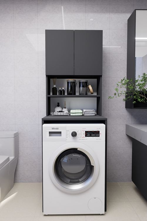 Verani Çamaşır Makinesi Dolabı Banyo Kiler Çift Kapaklı Arkalıklı Dolap Antrasit 180x65x30