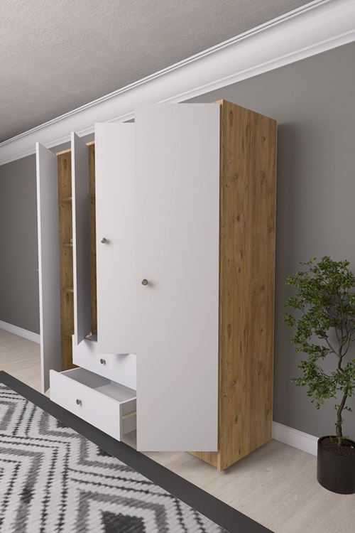 Hedamis 4 Kapaklı Gardrop 2 Çekmeceli 10 Raflı Geniş Dekoratif Gardırop Çam-Beyaz