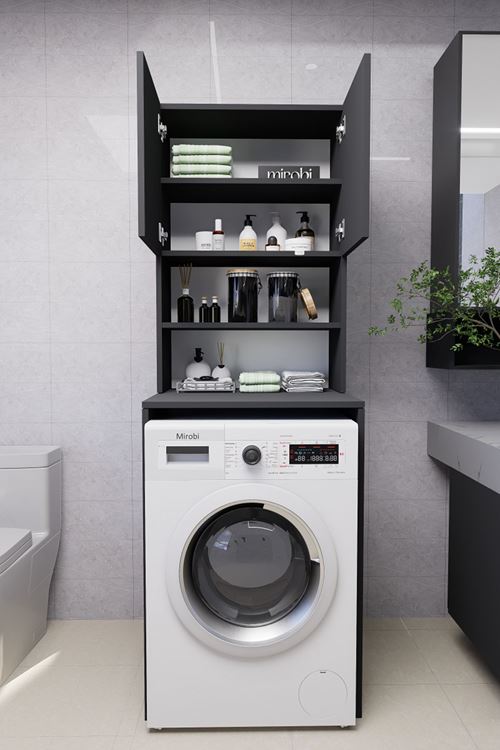 Verani Çamaşır Makinesi Dolabı Banyo Kiler Çift Kapaklı Arkalıklı Dolap Antrasit 180x65x30