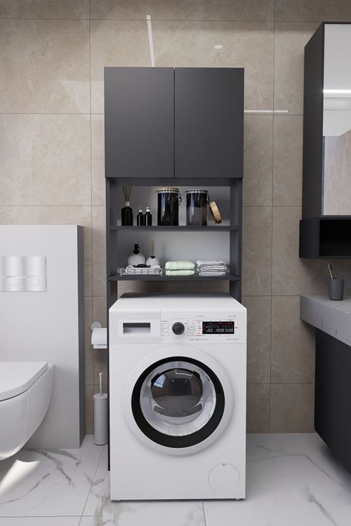 Luka Çamaşır Makinesi Üstü Çok Amaçlı Banyo Dolabı Kapaklı ve Raflı, Depolama Alanı, Antrasit
