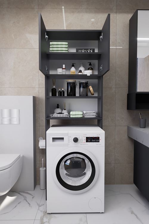 Luka Çamaşır Makinesi Üstü Çok Amaçlı Banyo Dolabı Kapaklı ve Raflı, Depolama Alanı, Antrasit