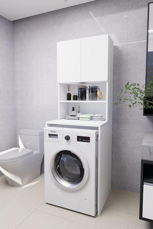 Verani Çamaşır Makinesi Dolabı Banyo Kiler Çift Kapaklı Arkalıklı Dolap Beyaz 180x65x30