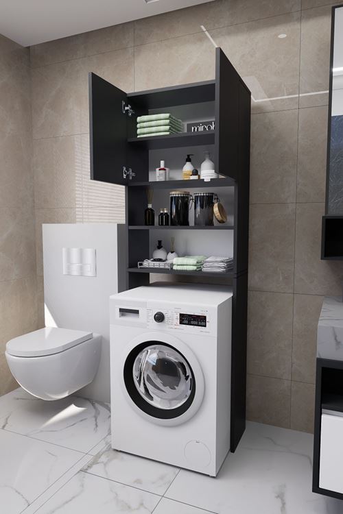 Luka Çamaşır Makinesi Üstü Çok Amaçlı Banyo Dolabı Kapaklı ve Raflı, Depolama Alanı, Antrasit