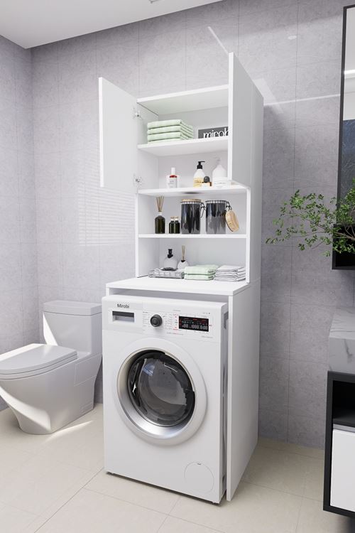Verani Çamaşır Makinesi Dolabı Banyo Kiler Çift Kapaklı Arkalıklı Dolap Beyaz 180x65x30