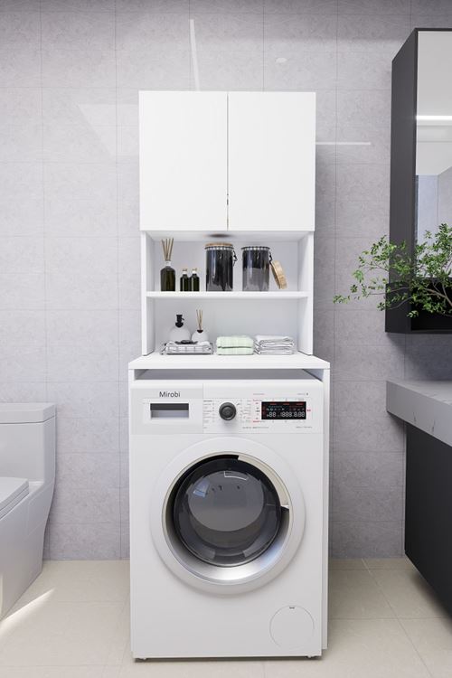 Verani Çamaşır Makinesi Dolabı Banyo Kiler Çift Kapaklı Arkalıklı Dolap Beyaz 180x65x30