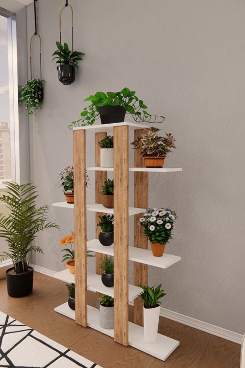 Flora Saksı Standı Saksılık Dekoratif Çiçeklik Rafı Dekoratif Boy Beyaz Raf Ayak Atlantikçam