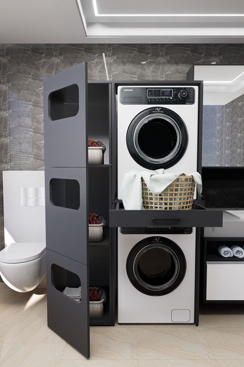WashBox Banyo Kirli Sepetli Çamaşır Makinası Dolabı ve Kurutma Makinası Dolabı Antrasit