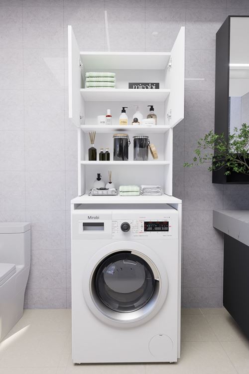 Verani Çamaşır Makinesi Dolabı Banyo Kiler Çift Kapaklı Arkalıklı Dolap Beyaz 180x65x30