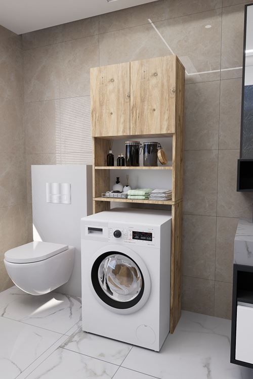Luka Çamaşır Makinesi Üstü Çok Amaçlı Banyo Dolabı Kapaklı ve Raflı, Depolama Alanı, Çam