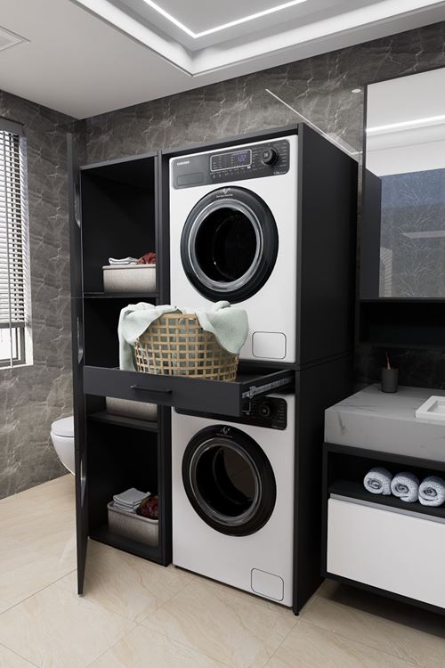 WashBox Banyo Kirli Sepetli Çamaşır Makinası Dolabı ve Kurutma Makinası Dolabı Antrasit