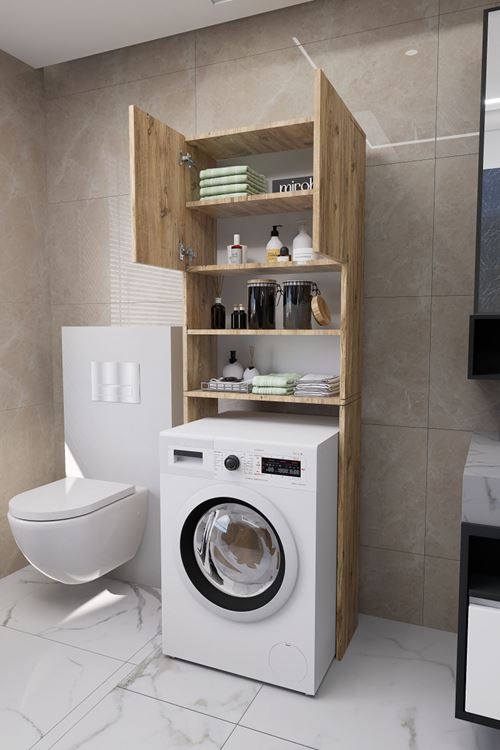 Luka Çamaşır Makinesi Üstü Çok Amaçlı Banyo Dolabı Kapaklı ve Raflı, Depolama Alanı, Çam