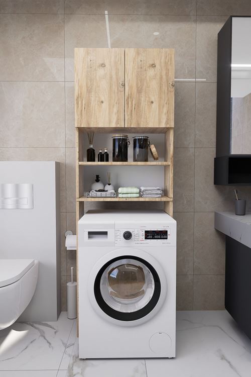 Luka Çamaşır Makinesi Üstü Çok Amaçlı Banyo Dolabı Kapaklı ve Raflı, Depolama Alanı, Çam