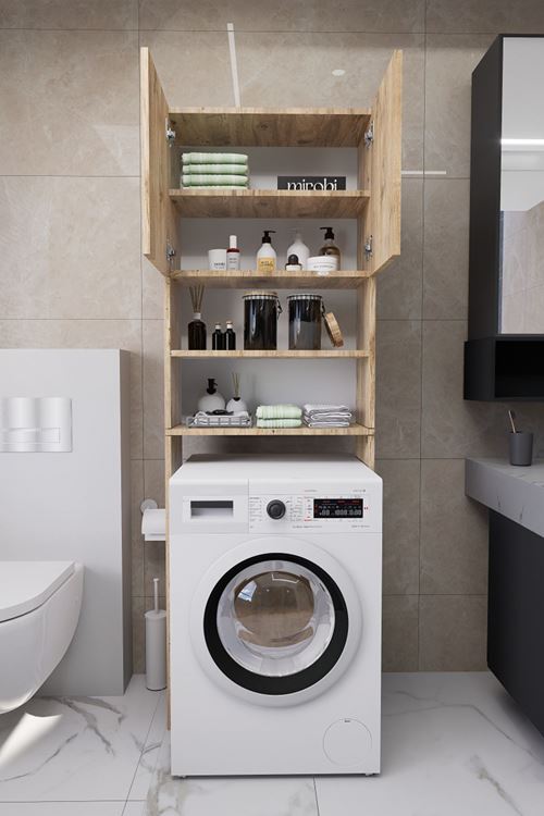 Luka Çamaşır Makinesi Üstü Çok Amaçlı Banyo Dolabı Kapaklı ve Raflı, Depolama Alanı, Çam