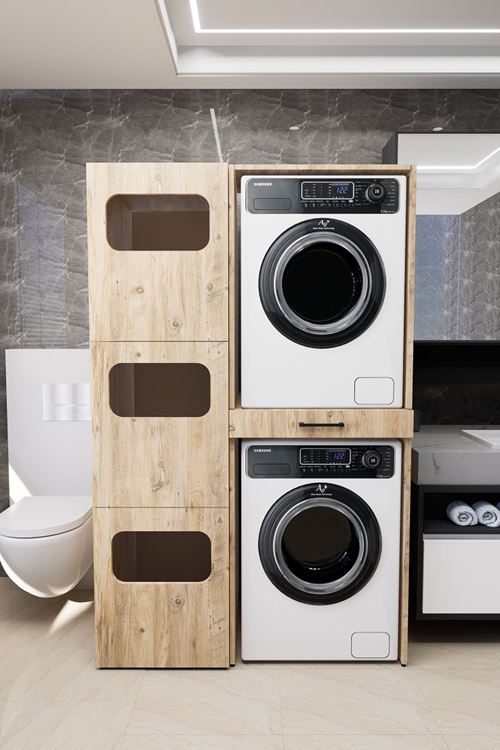 Washbox Banyo Kirli Sepetli Çamaşır Makinası Dolabı Ve Kurutma Makinası Dolabı Çam