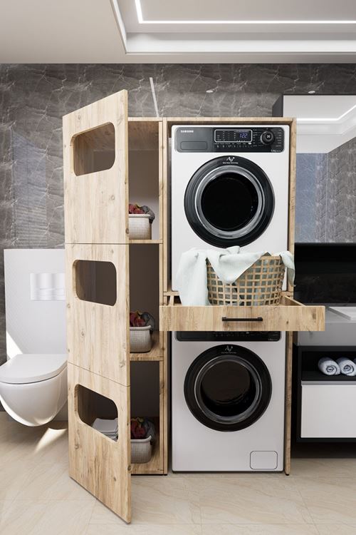 Washbox Banyo Kirli Sepetli Çamaşır Makinası Dolabı Ve Kurutma Makinası Dolabı Çam