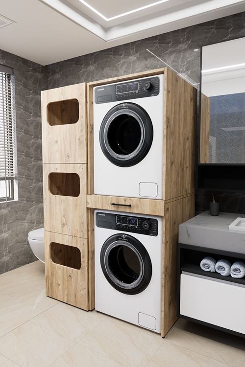 Washbox Banyo Kirli Sepetli Çamaşır Makinası Dolabı Ve Kurutma Makinası Dolabı Çam