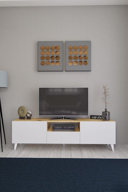 Bravix Modern Tv Ünitesi 3 Bölmeli Tv Sehpası Gövde ÇamKapaklar Beyaz