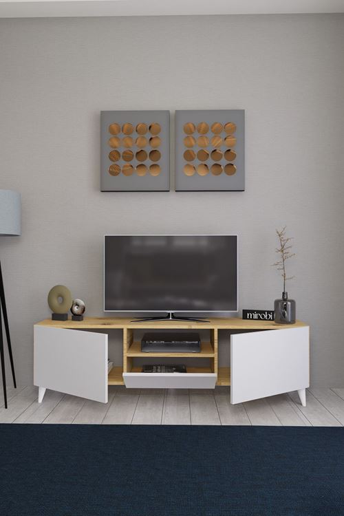 Bravix Modern Tv Ünitesi 3 Bölmeli Tv Sehpası Gövde ÇamKapaklar Beyaz