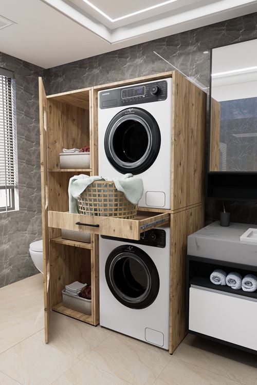 Washbox Banyo Kirli Sepetli Çamaşır Makinası Dolabı Ve Kurutma Makinası Dolabı Çam