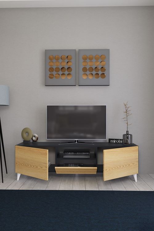 Bravix Modern Tv Ünitesi 3 Bölmeli Tv Sehpası Gövde Antrasit Kapaklar Atlantik Çam