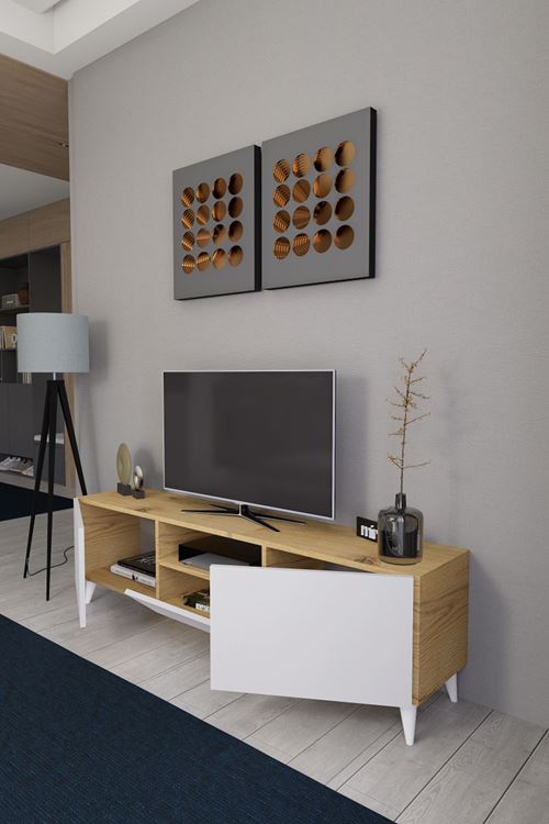 Bravix Modern Tv Ünitesi 3 Bölmeli Tv Sehpası Gövde ÇamKapaklar Beyaz