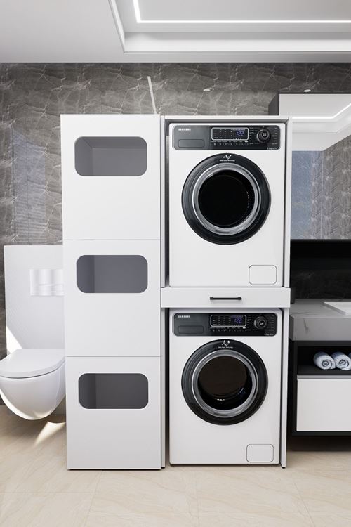 WashBox Banyo Kirli Sepetli Çamaşır Makinası Dolabı ve Kurutma Makinası Dolabı Beyaz