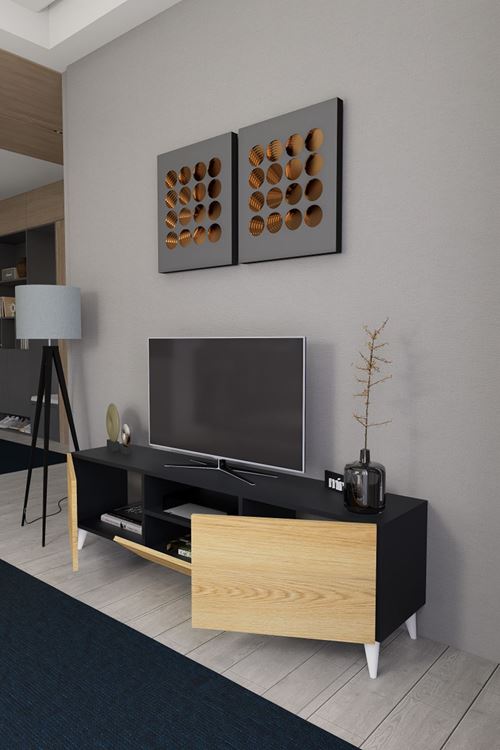 Bravix Modern Tv Ünitesi 3 Bölmeli Tv Sehpası Gövde Antrasit Kapaklar Atlantik Çam