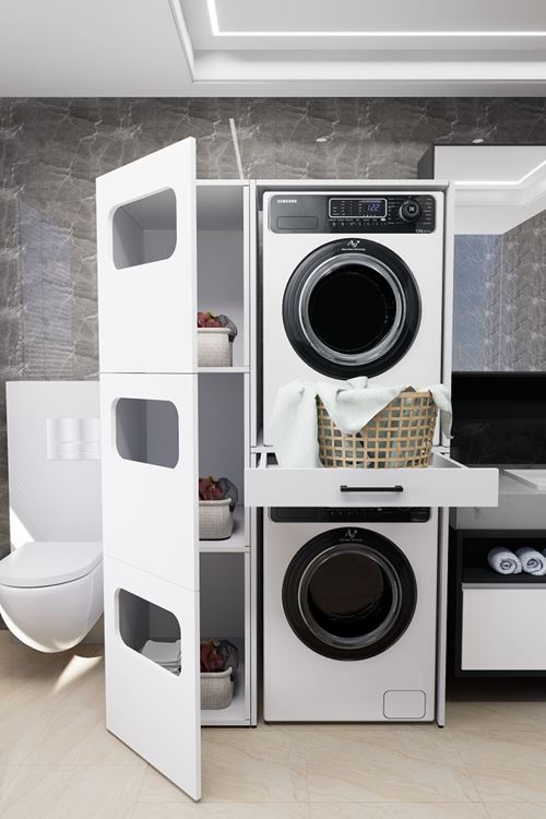 WashBox Banyo Kirli Sepetli Çamaşır Makinası Dolabı ve Kurutma Makinası Dolabı Beyaz