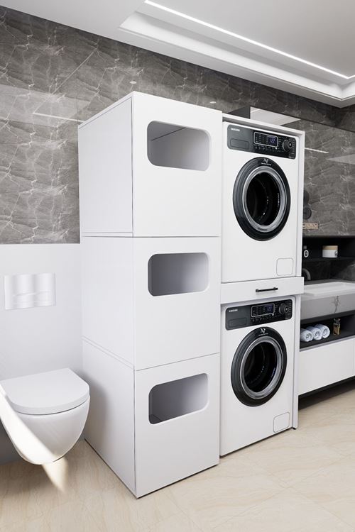 WashBox Banyo Kirli Sepetli Çamaşır Makinası Dolabı ve Kurutma Makinası Dolabı Beyaz