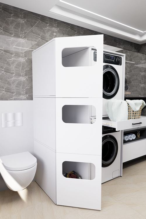 WashBox Banyo Kirli Sepetli Çamaşır Makinası Dolabı ve Kurutma Makinası Dolabı Beyaz