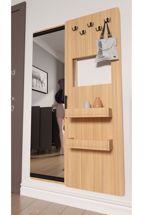 Gizli Boy Aynası, Dekoratif Vestiyer, Modern Askılık, Sürgülü Kapaklı Boy Aynası, Aynalı Vestiyer Çam