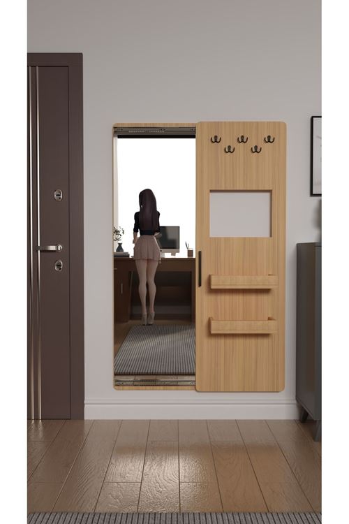 Gizli Boy Aynası, Dekoratif Vestiyer, Modern Askılık, Sürgülü Kapaklı Boy Aynası, Aynalı Vestiyer Çam