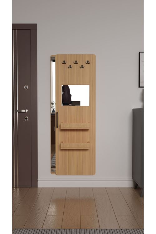 Gizli Boy Aynası, Dekoratif Vestiyer, Modern Askılık, Sürgülü Kapaklı Boy Aynası, Aynalı Vestiyer Çam