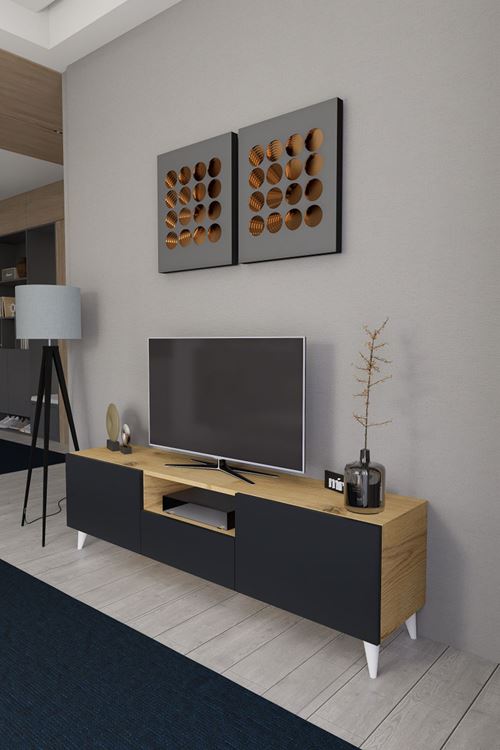 Bravix Modern Tv Ünitesi 3 Bölmeli Tv Sehpası Gövde ÇamKapaklar Antrasit